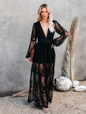 Lace Long-sleeved V-neck Solid Color Chiffon Long Dress