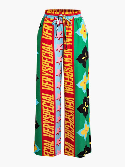 Printed Vacation Long-sleeved Shirt Pants Wide Leg Set 2-piece Sets