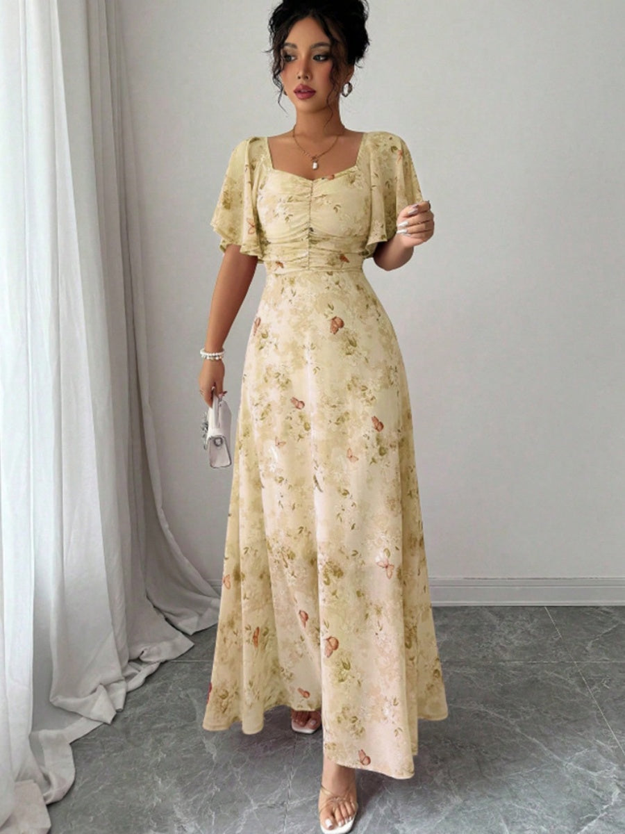 Floral Lotus Leaf Sleeves Sweetheart Collar Vacation And Leisure Maxi Dresses