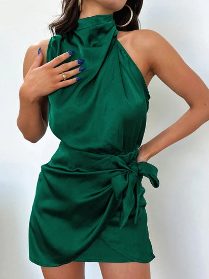 Satin Belted Sleeveless Stand Collar Tie Waist Short Dress