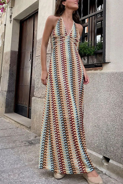 Margovil Halter V Neck Backless Color Block Crochet Maxi Dress