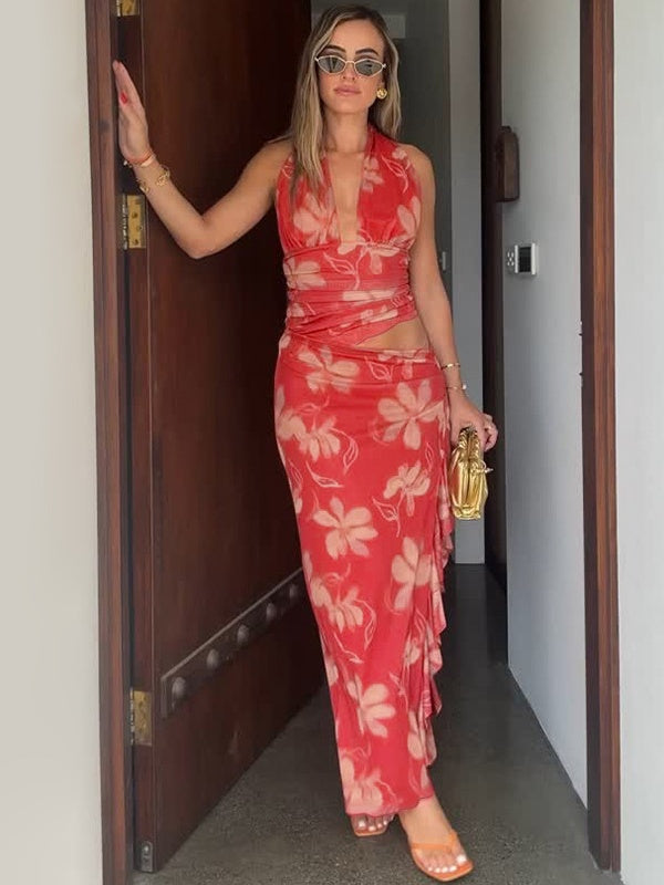 Deep V-neck Strapless Dress With Cropped Waist And Halter Neck