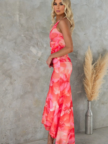 Sloping Shoulders Printed Stretch Tube Top Maxi Dresses