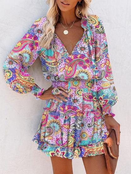 Long-sleeved V-neck Fashion Print Fitted Waist Short Dress