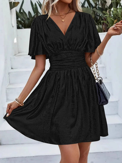 V-neck With Ruffled Sleeves Metallic Color Mini&Short Dresses