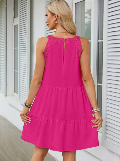 A-line Short Dress With Hollowed-out Lace Trim And Halter Neck