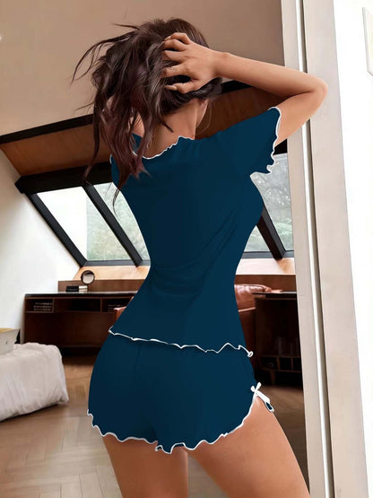 Sexy Bow-Tie Stretch Short-Sleeve And Shorts Set - Can Be Worn Out As Loungewear