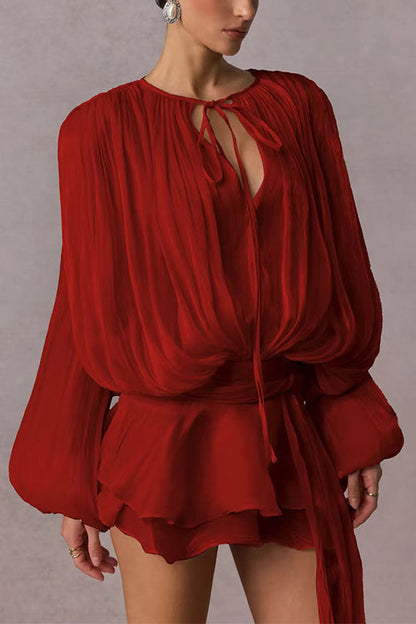 Margovil Lantern Long Sleeves Draped Ruffle Layered Mini Dress with Shorts