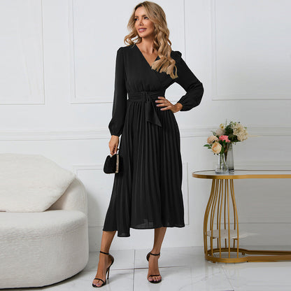 Wrap Surplice V-Neck Bishop Sleeve Sunray Pleated Belted Midi Dress