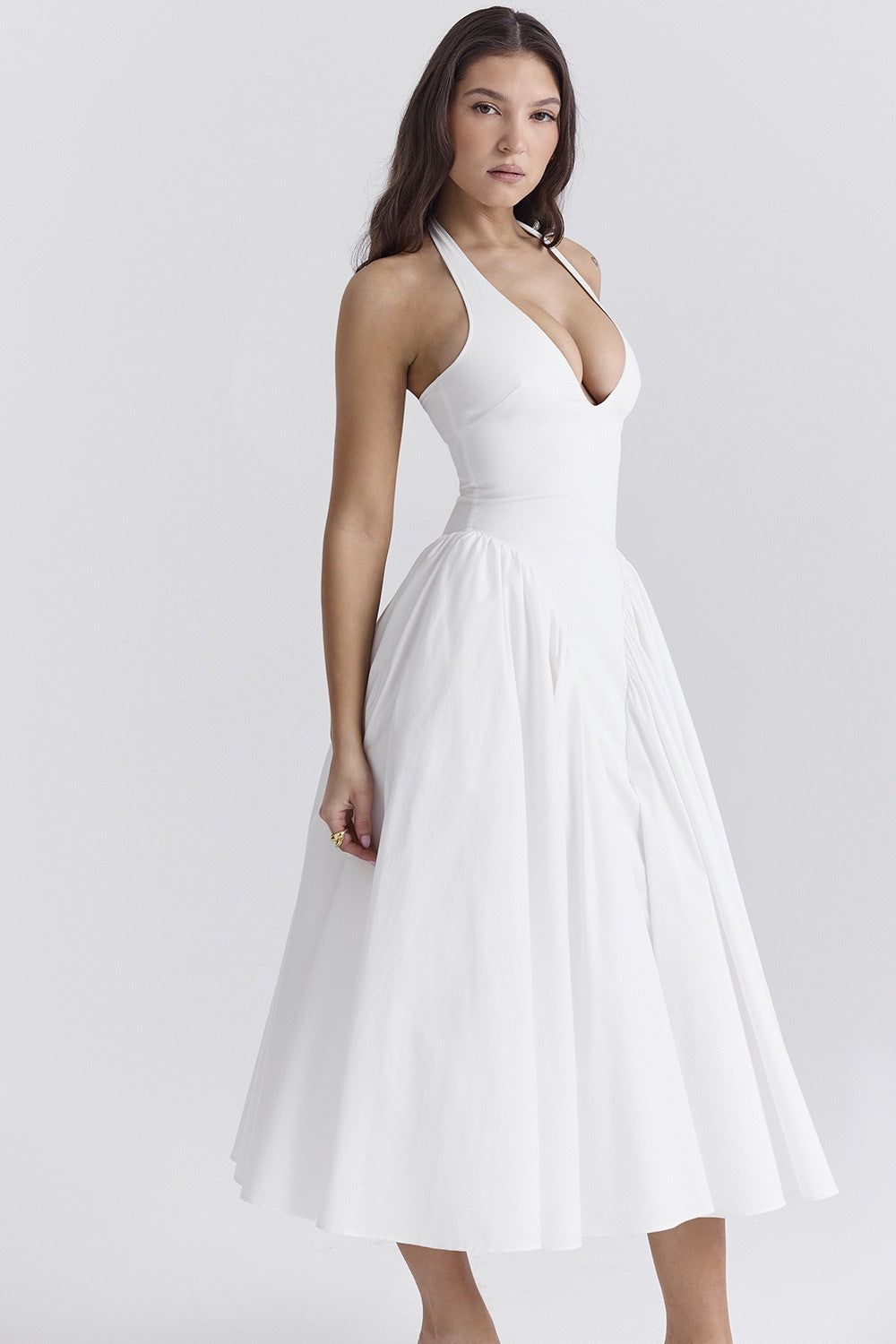 Halter Plunge V-Neck Dropped Waist Gathered Full Skirt Pocket Midi Dress