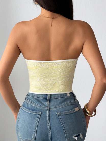 Lace Trim Splicing Buttons Strapless Bra