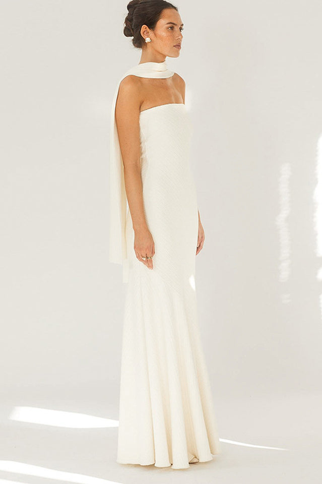 Strapless Rib Knit Neck Scarf Trumpet Hem Mermaid Maxi Gown