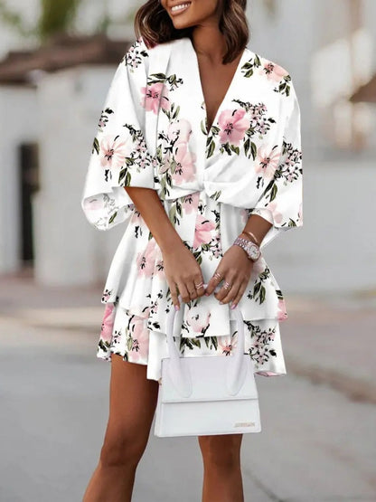 Loose-fit Batwing Sleeves Printed Commuting Mini&Short Dresses