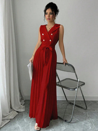 Commuting Suit Collar Pleated Pants Double-breasted Jumpsuits