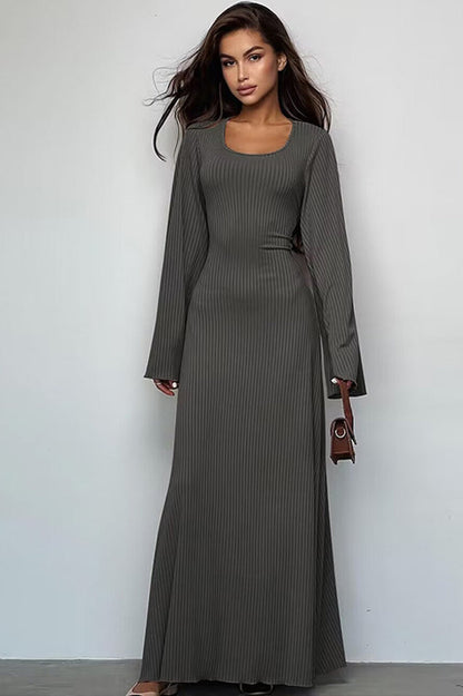 Ribbed Knit Scoop Neck Bell Sleeve Bodycon Maxi Dress