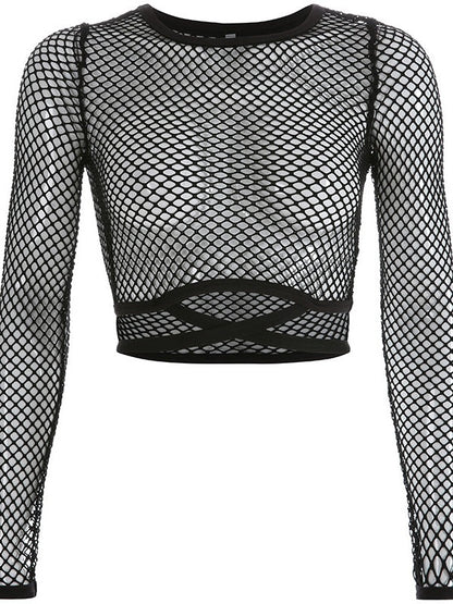 Black Round Neck Tie-up Cropped Mesh See-through Top