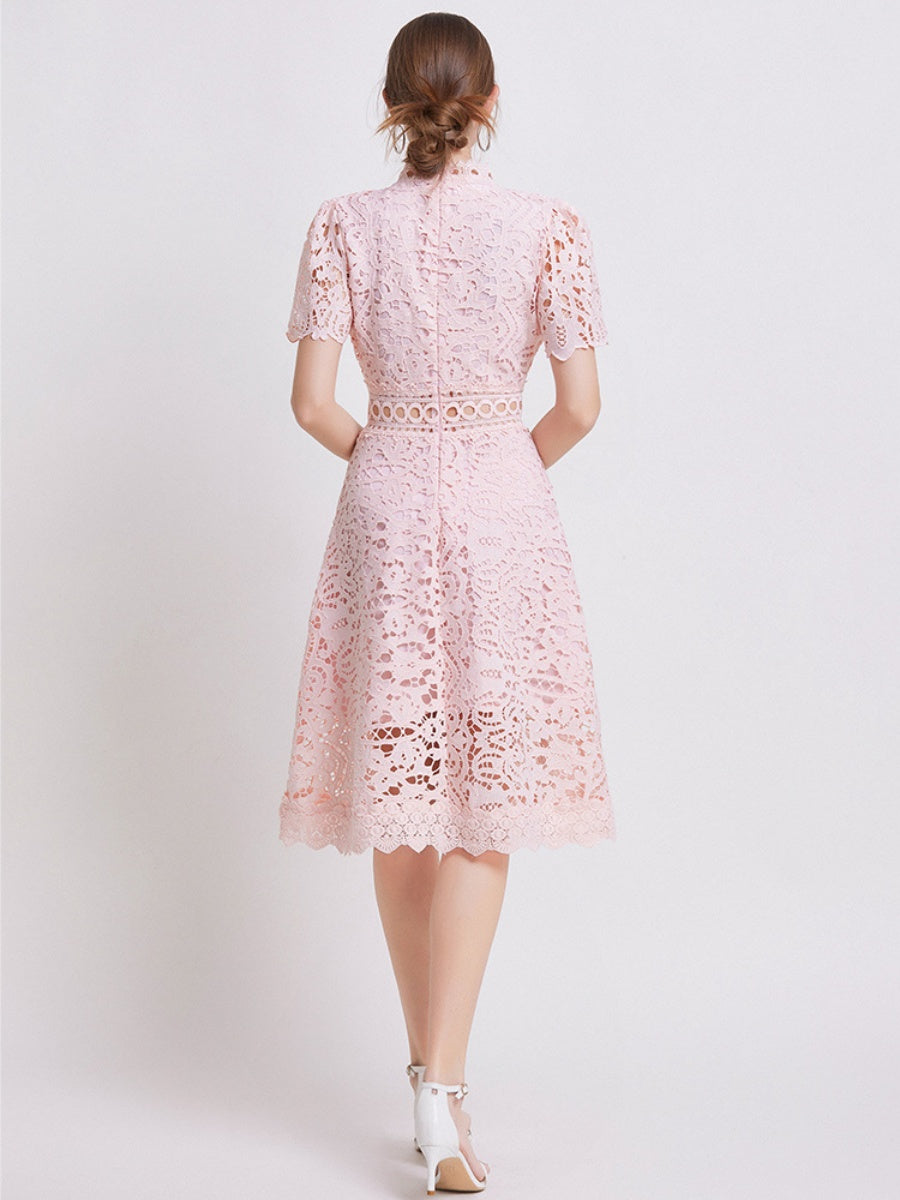 Lace Waist-cinching Hollow-out Midi Dress