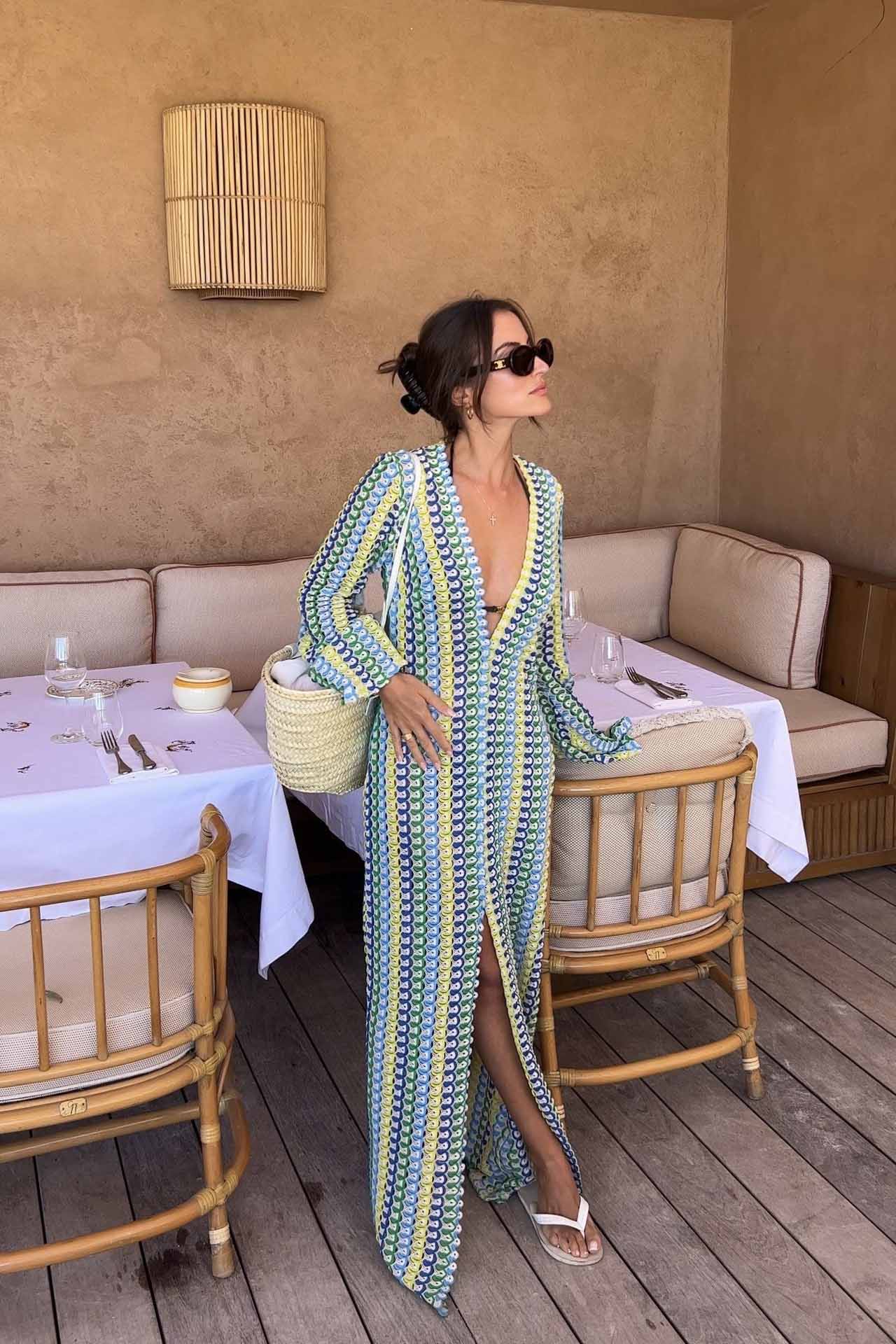 Scallop Circle Print Deep V-Neck Long Sleeve Front Slit Maxi Dress