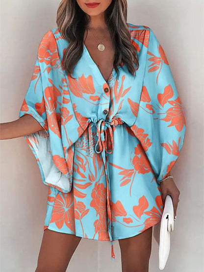 V-neck Tie-up Printed Patchwork Mini&Short Dresses