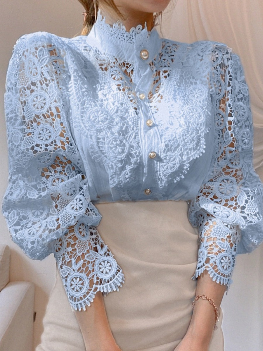 Button-up Lace Openwork Floral Patchwork Shirt