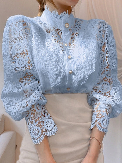 Button-up Lace Openwork Floral Patchwork Shirt