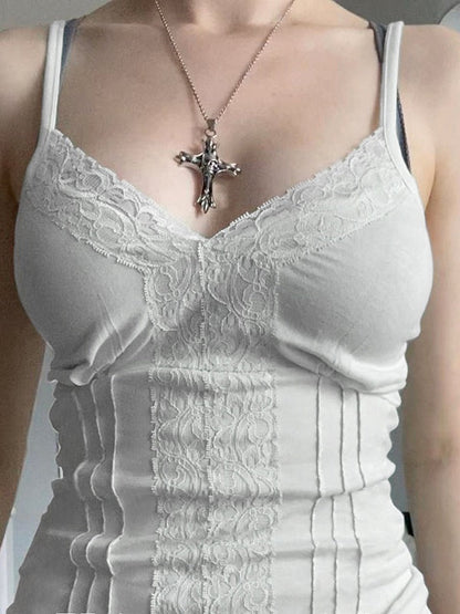 Deep V-neck Solid Color Lace Trim Split Camisole