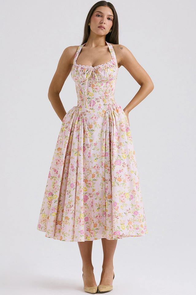Halter Sweetheart Neck Lace Trim Ditsy Floral Corset Bodice Midi Dress
