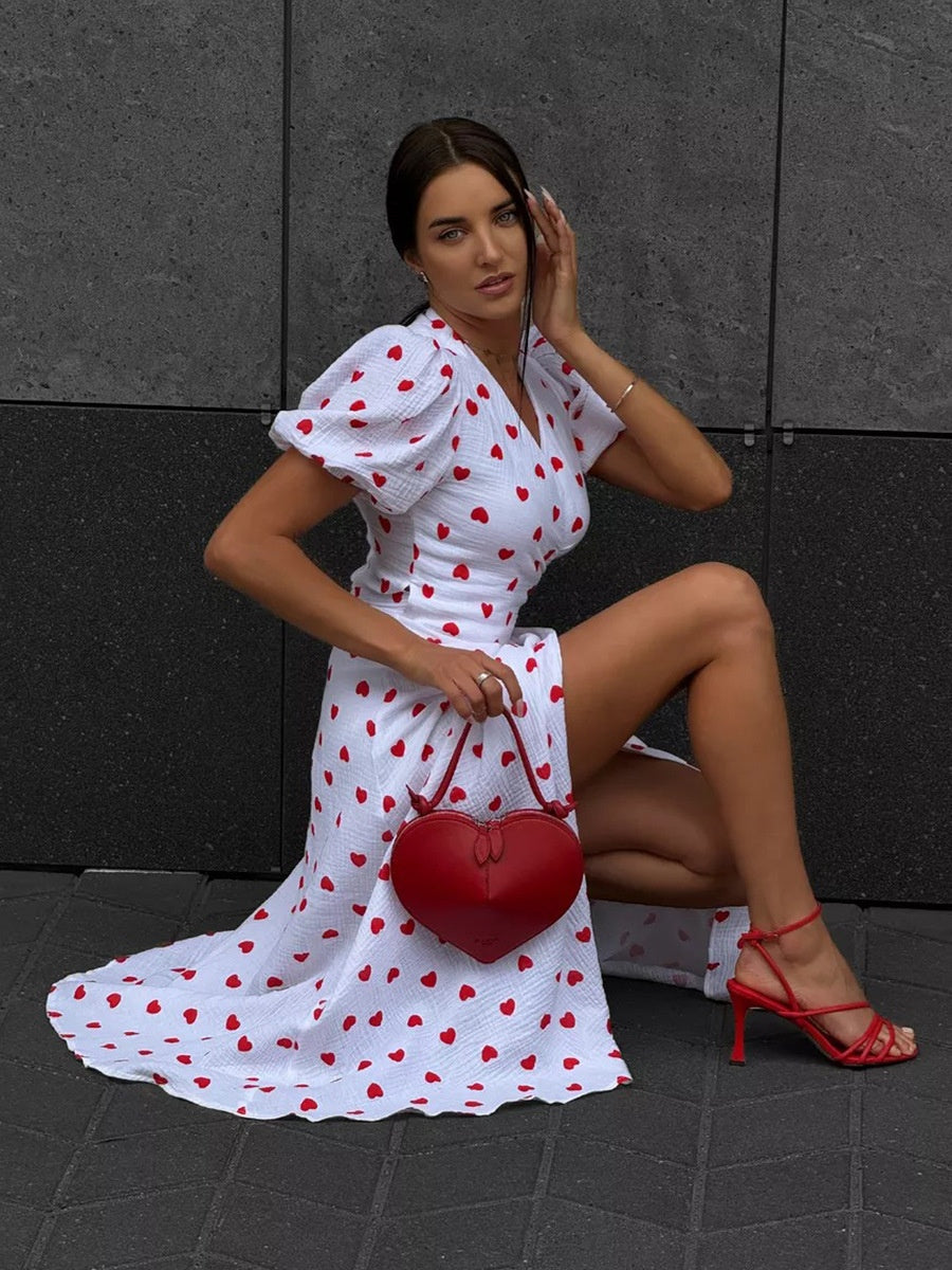 Pure Cotton Bandage Wrap-up Puff Sleeve Printed Comfort Maxi Dresses