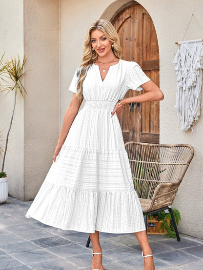 V-neck, Gathered, Puff Sleeve, Full Skirt, Short-sleeved Long Dress