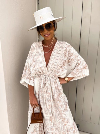 V-neck Short-sleeved Printed Maxi Dress