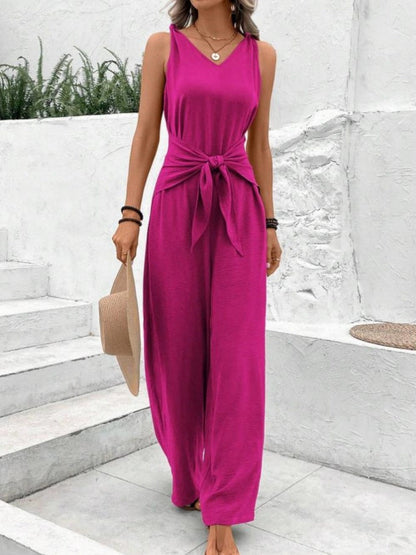 V-neck Wide-leg Sleeveless Twisted Vest Jumpsuit