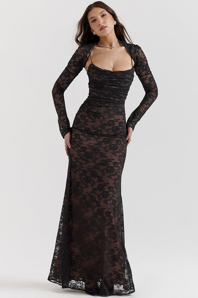 Square Neck Spaghetti Strap Floral Lace Scalloped Hem Maxi Dress with Long Sleeve Bolero