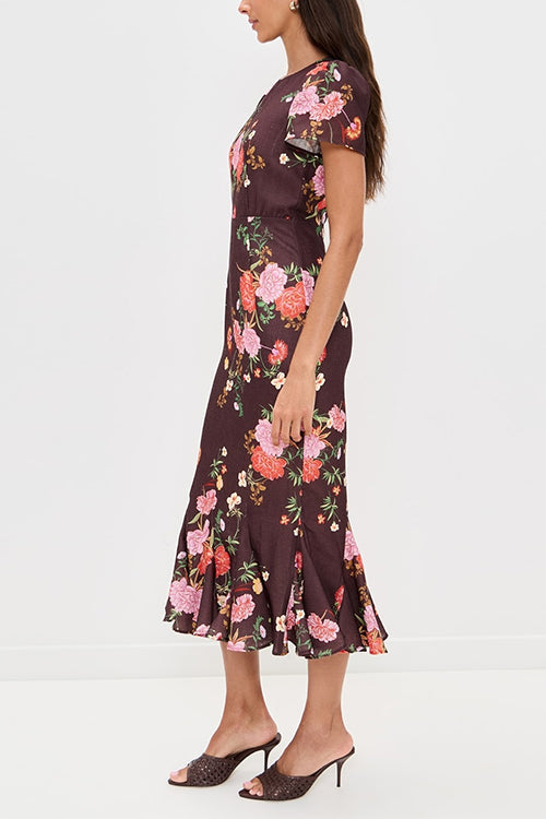 Crewneck Short Sleeves Floral Print Ruffle Hem Midi Dress