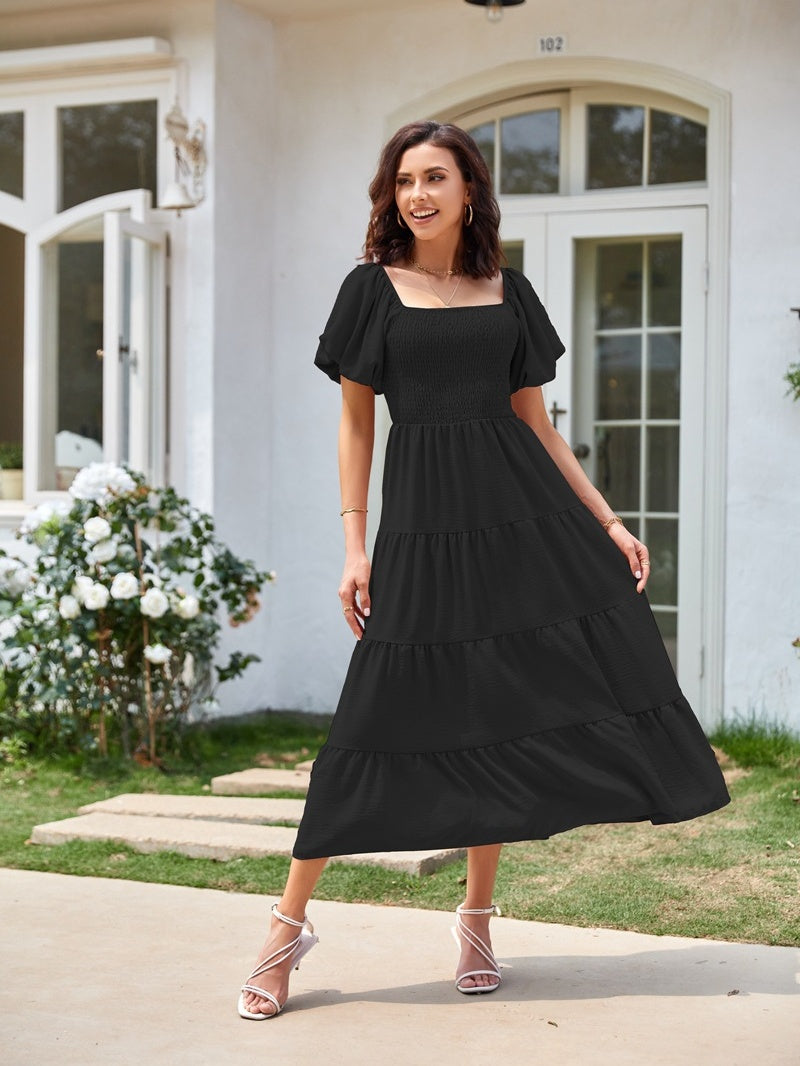 Square Neck, Backless, Puff Sleeve, Pleated Short-sleeved Long Dress