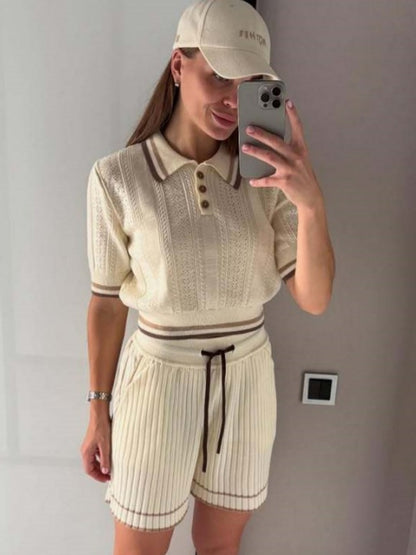 Academic Style Lapel Ice Silk Short Cardigan Color-blocked Drawstring Shorts Set 2-piece Sets