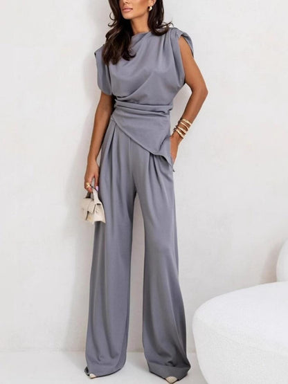 Irregular Sleeveless Tank Tops Gathering Pants 2-piece Sets
