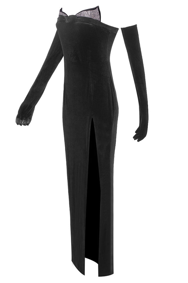 Strapless Sweetheart Rhinestone Trim Velvet Maxi Gown with Draped Satin Overskirt