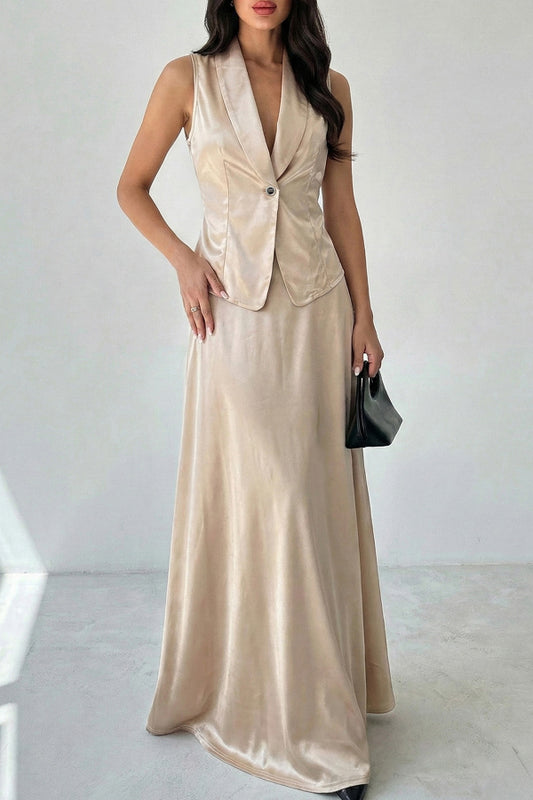 Satin Solid Color Sleeveless Button-down Vest and Elegant Draped Maxi Skirt Set