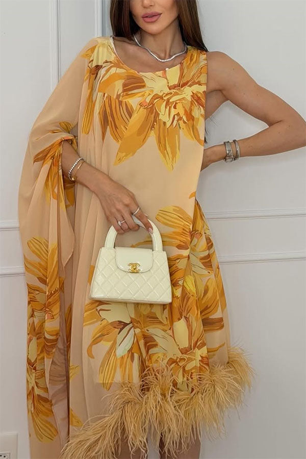Nadia Chiffon Floral Print Asymmetrical Bell Sleeve Feather Trim Maxi Dress