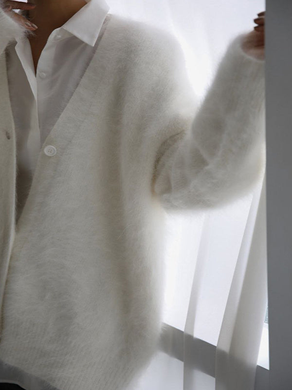Fuzzy V Neck Loose Cardigan Sweater