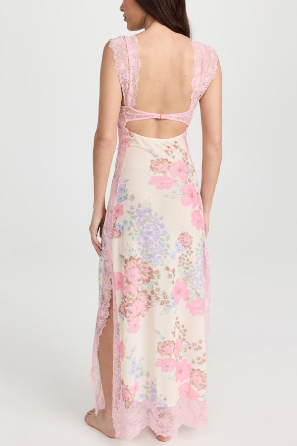 Floral Print Lace Patchwork Hollow-out Slim-fit Midi Dress
