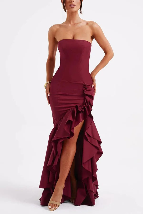 Strapless Ruched Hip Cascade Tiered Ruffle High-Low Maxi Gown
