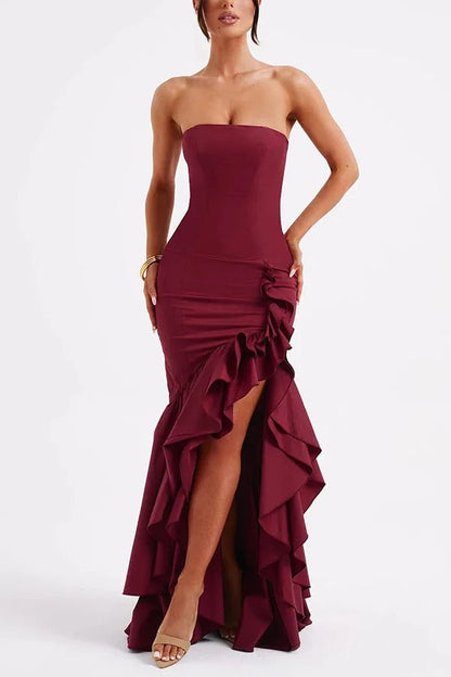 Strapless Ruched Hip Cascade Tiered Ruffle High-Low Maxi Gown