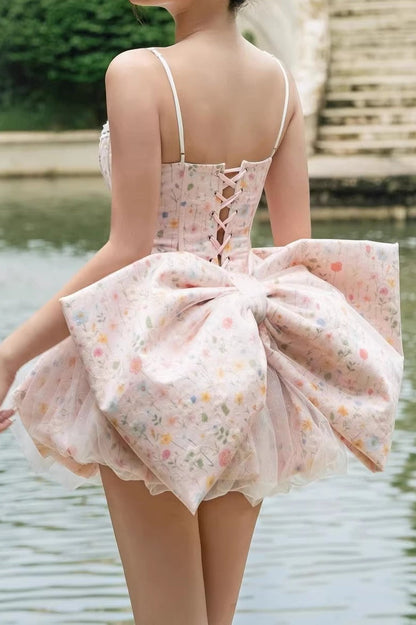 Sweetheart Corset Bodice Lace Trim Tulle Overlay Puff Skirt Bow Back Floral Mini Dress