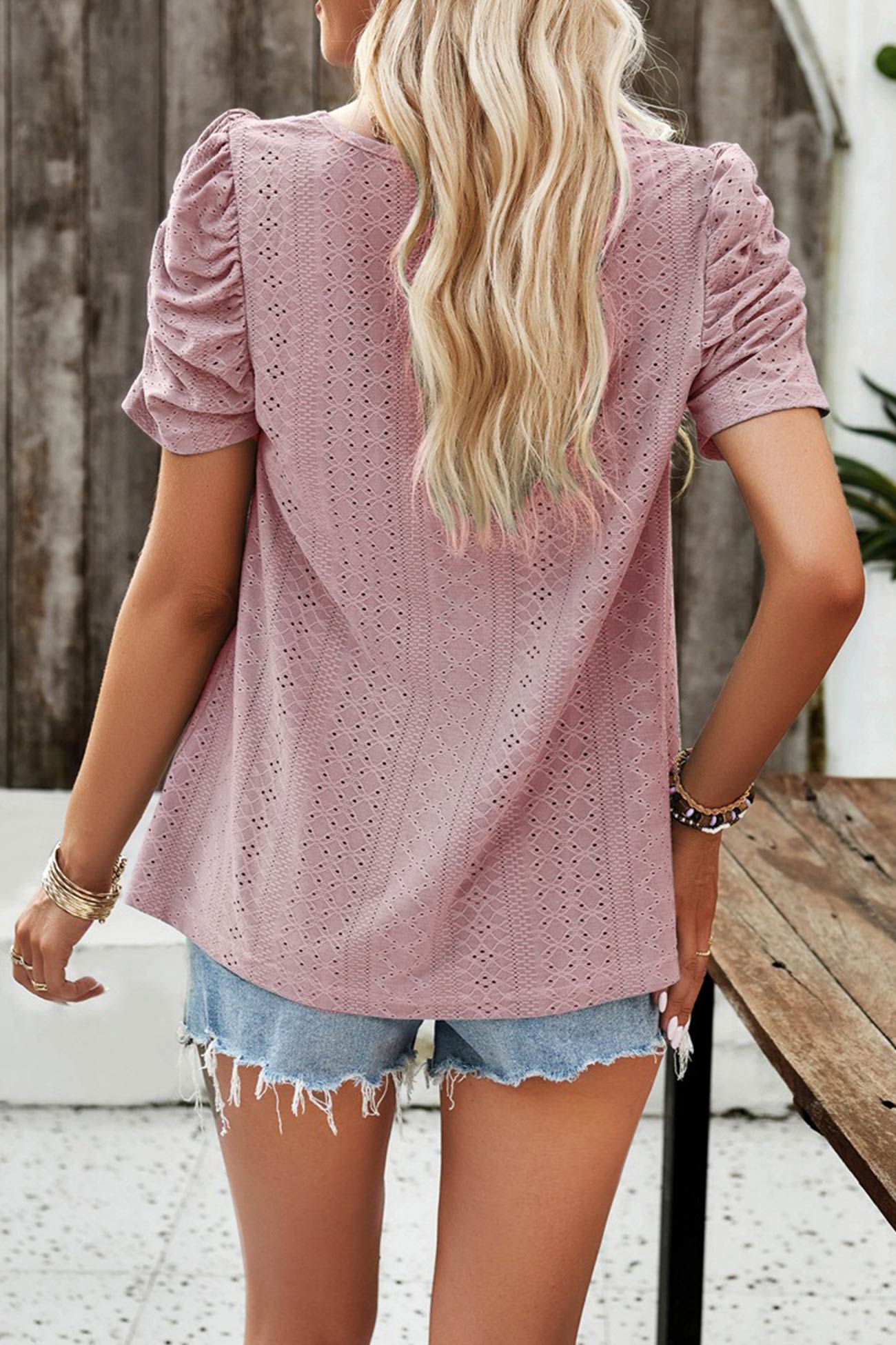 Square Neck Puff Sleeve Hollow Out Blouse