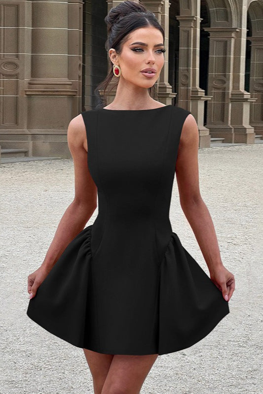 Boat Neck Sleeveless Drop-Waist Gathered Panel Fit-and-Flare Mini Dress