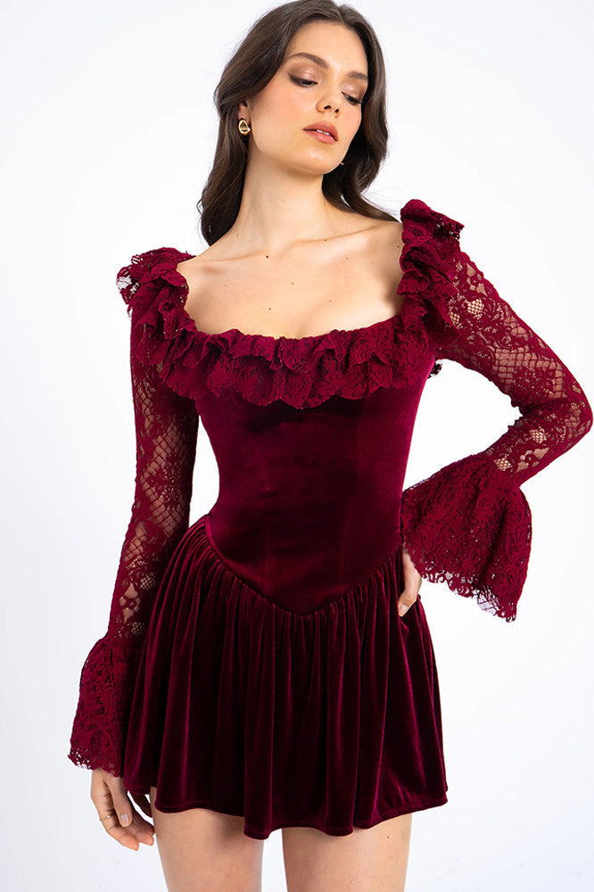 Velvet Lace Scoop Neck Ruffle Shoulder Bell Sleeve Mini Dress