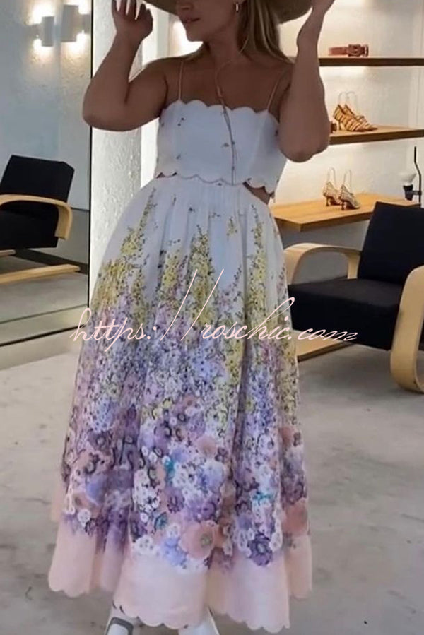 Cabo Sunsets Floral Print Petal Trim Back Lace-up Pocket Midi Dress