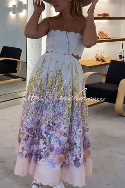 Cabo Sunsets Floral Print Petal Trim Back Lace-up Pocket Midi Dress
