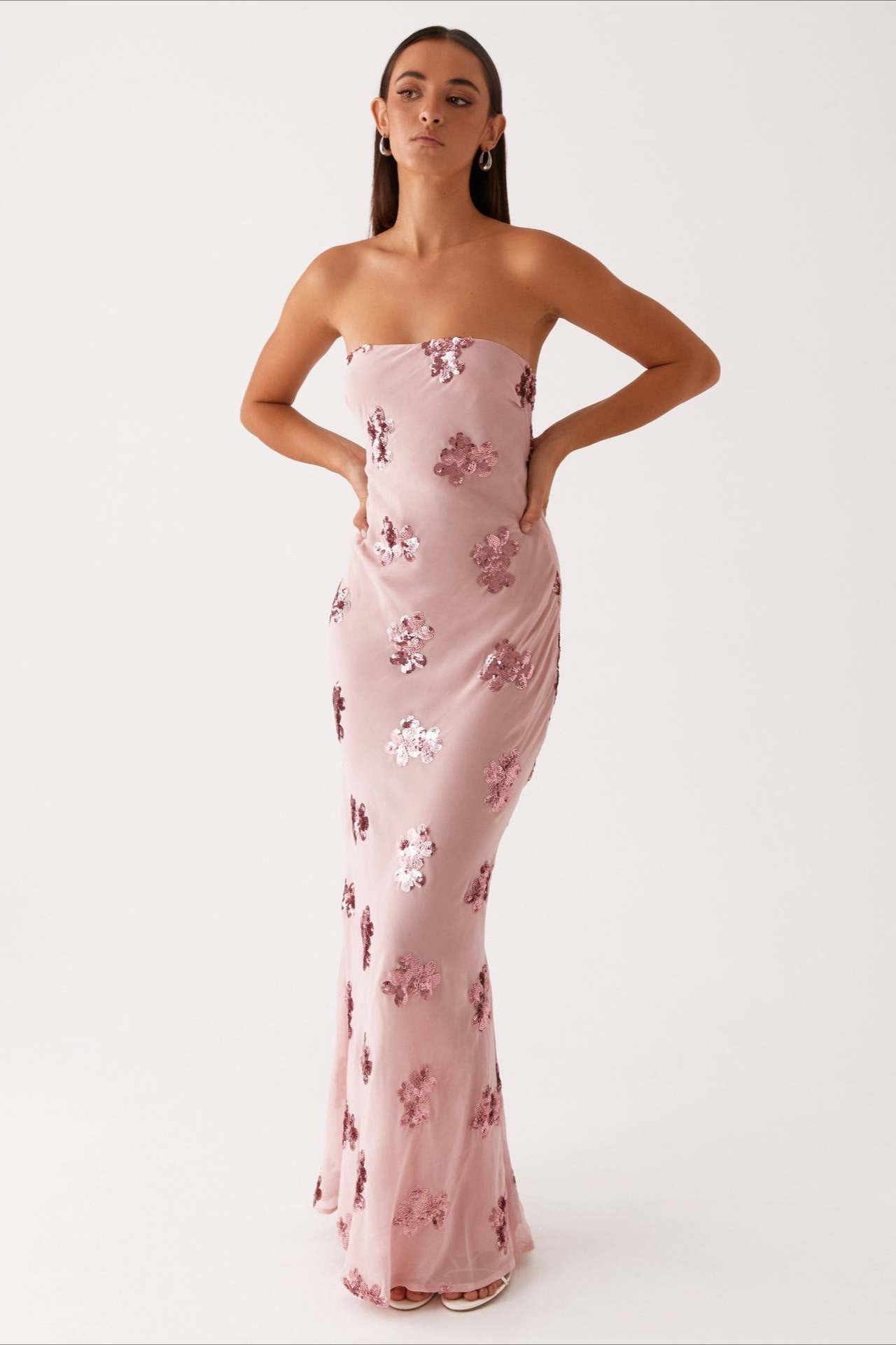Strapless Sequin Floral Embellished Sheer Mesh Column Maxi Gown